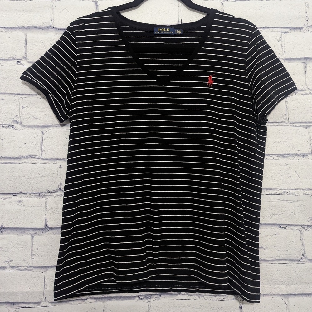 Polo Ralph Lauren V Neck Black / White Stripe Shirt Women's Size Medium Large